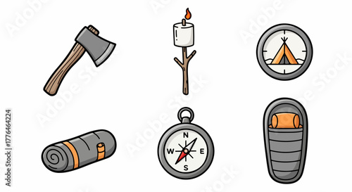 Camping gear icons set with transparent background