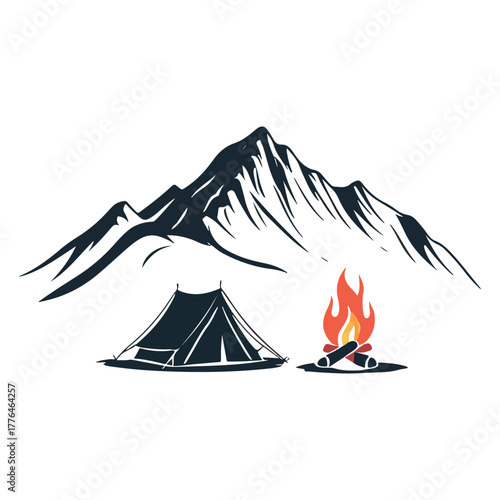 Stylized illustration of a camping tent and a crackling campfire set against a majestic mountain range silhouette