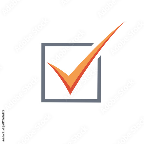 Orange checkmark in square box signifying completion, success and confirmation