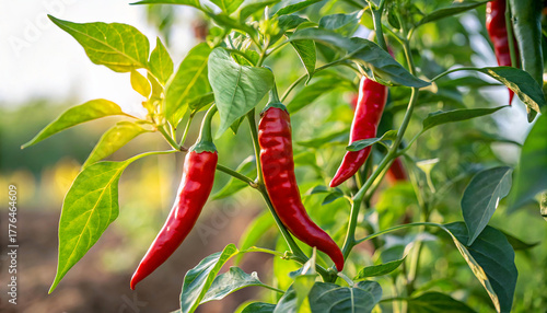Red Chilies in field ready to harvesting in natural warm sunlight background