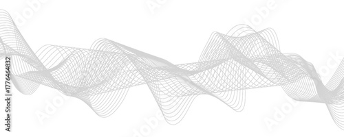 Undulate Grey Wave Swirl, frequency sound wave, twisted curve lines with blend effect. Technology, data science, geometric border. Isolated on white background. Vector illustration.