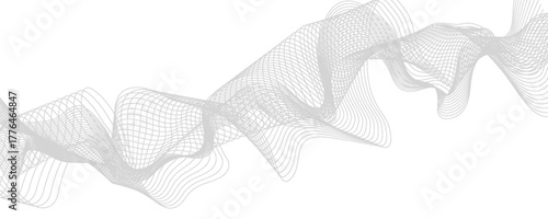 Undulate Grey Wave Swirl, frequency sound wave, twisted curve lines with blend effect. Technology, data science, geometric border. Isolated on white background. Vector illustration.