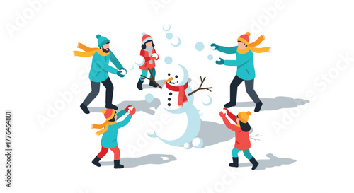 Winter fun isometric snowball fight around a snowman with friends in colorful outfits