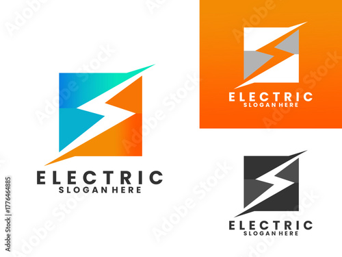 Electric lightning with square logo design vector template
