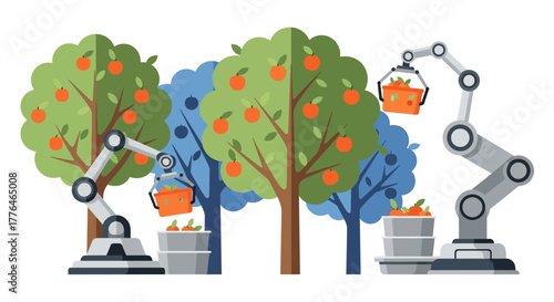 Robotic arms harvesting fruit from trees in an orchard.
