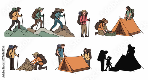 Hikers camping in mountains with backpacks and tents