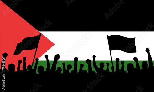 Justice for Palestine Flag Illustration with Black Silhouette People Vector Design Symbolizing Freedom and Solidarity