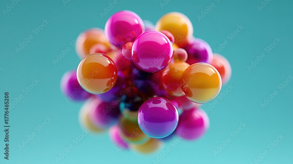 Fototapeta premium 3d rendering of a cluster of colorful spheres. the spheres are of different sizes and colors, including pink, orange, yellow, and purple.