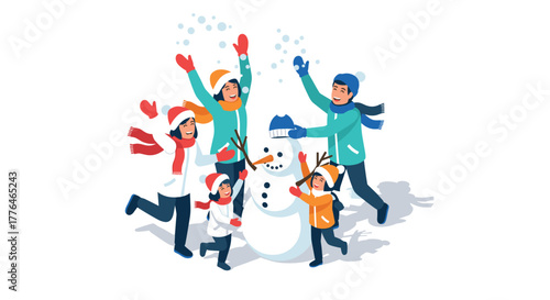 Family fun building a snowman on a winter day with kids and parents in colorful outfits