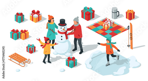 Festive winter family fun with snowman, gifts, and ice skating in isometric art