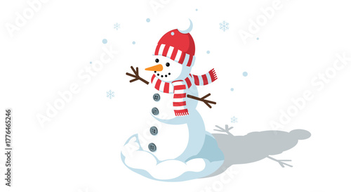 Cute snowman with red hat and scarf on snowy day