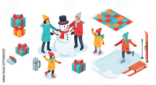 Isometric family winter fun with snowman, gifts, and winter sports