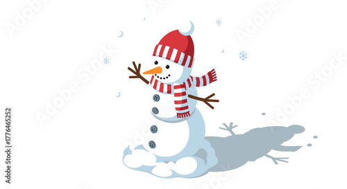 Cute snowman with red hat and scarf in winter wonderland