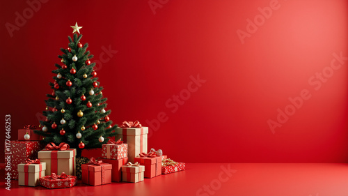 New Year's studio with a red background with all the toys, gifts and a Christmas tree, without people, space for text,
