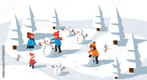 Children building snowmen in winter forest scene with snowcovered trees