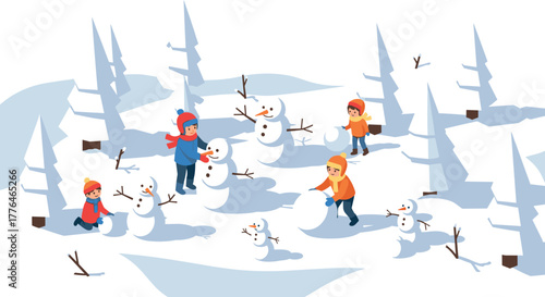 Children building snowmen in snowy forest fun winter activities for kids in a flat style
