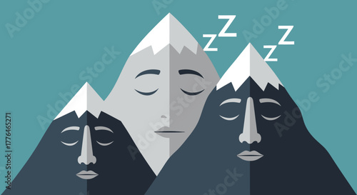 Three Sleeping Mountains with Human Faces and Zzz Symbols.