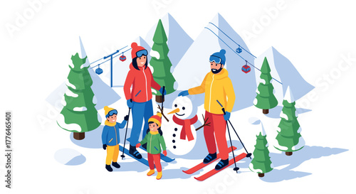 Family enjoying winter skiing adventure with snowman in mountain landscape