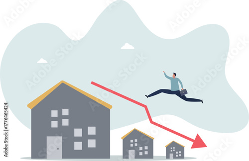Housing price falling down, real estate and property crash, value drop or decline, home loan or mortgage risk concept.life and employment of people.