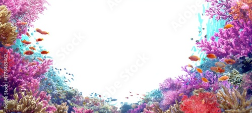 Fototapeta Naklejka Na Ścianę i Meble -  Underwater coral reef frame. White blank copy space background. Generative AI technology.	
