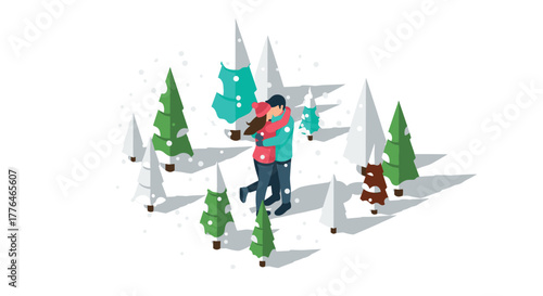 Winter romance couple embracing in a snowy forest with isometric design