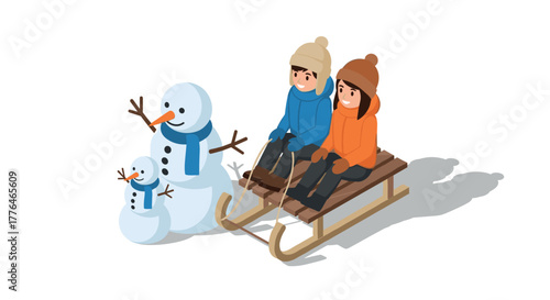 Winter fun with kids on sled and snowman in flat design