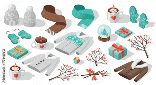 Cozy winter elements with scarves, sweaters, and hot cocoa in isometric style