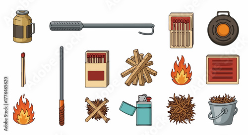 Camping gear and fire elements collection
