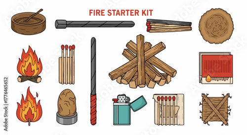 Fire starter kit with various tools and materials