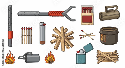 Camping fire starting tools and equipment collection