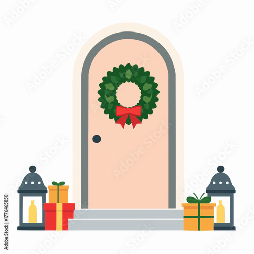 Minimalist door with Christmas wreath and presents on porch steps  
