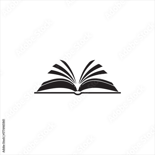 Simple black and white illustration of an open book with pages fanned out.