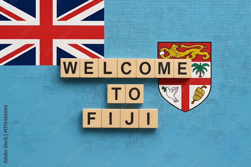 Fototapeta premium Welcome to Fiji on Fiji flag. For vacation, travel promotion, or island culture visuals