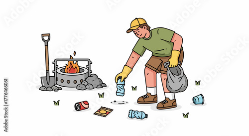 Cleanup at campfire site with person picking up trash