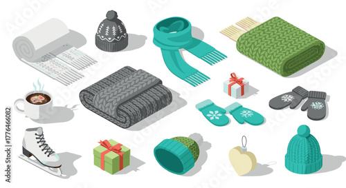 Cozy winter elements in isometric style with knitted accessories and holiday gifts