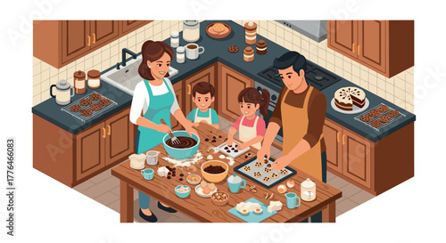 Family baking together in cozy kitchen setting with isometric perspective