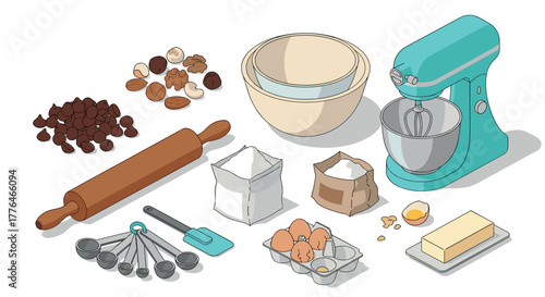 Baking essentials kitchen mixer, ingredients, and tools in modern flat style