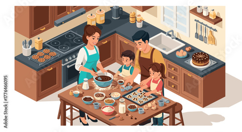 Family baking together in cozy isometric kitchen scene