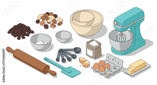 Baking essentials in modern kitchen mixer, utensils, and ingredients for delicious creations