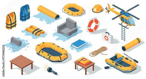 Isometric rescue equipment set lifeboats, life jackets, and safety gear for water emergencies