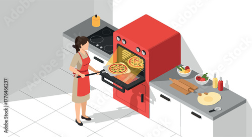 Woman baking pizza in modern kitchen with isometric design