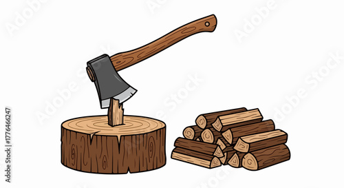 Axe chopping woodpile with stacked logs