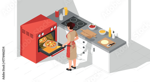 Isometric kitchen scene woman baking pizza in modern home kitchen