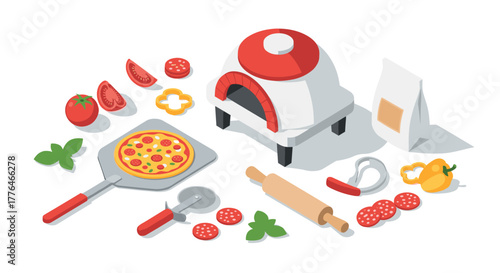 Isometric pizza oven set with ingredients and utensils for culinary projects