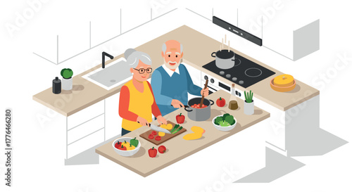 Elderly couple cooking together in modern kitchen in isometric style