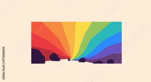 Vibrant rainbow spectrum bursting over an abstract dark landscape.