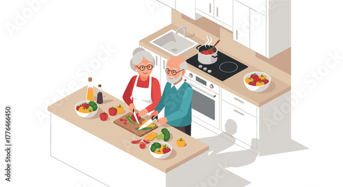 Elderly couple cooking together in a modern kitchen setting
