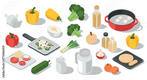 Isometric cooking ingredients and kitchen tools collection