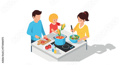Family cooking together in modern kitchen with fresh ingredients