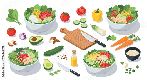Fresh salad ingredients with chopping board and knives on white background